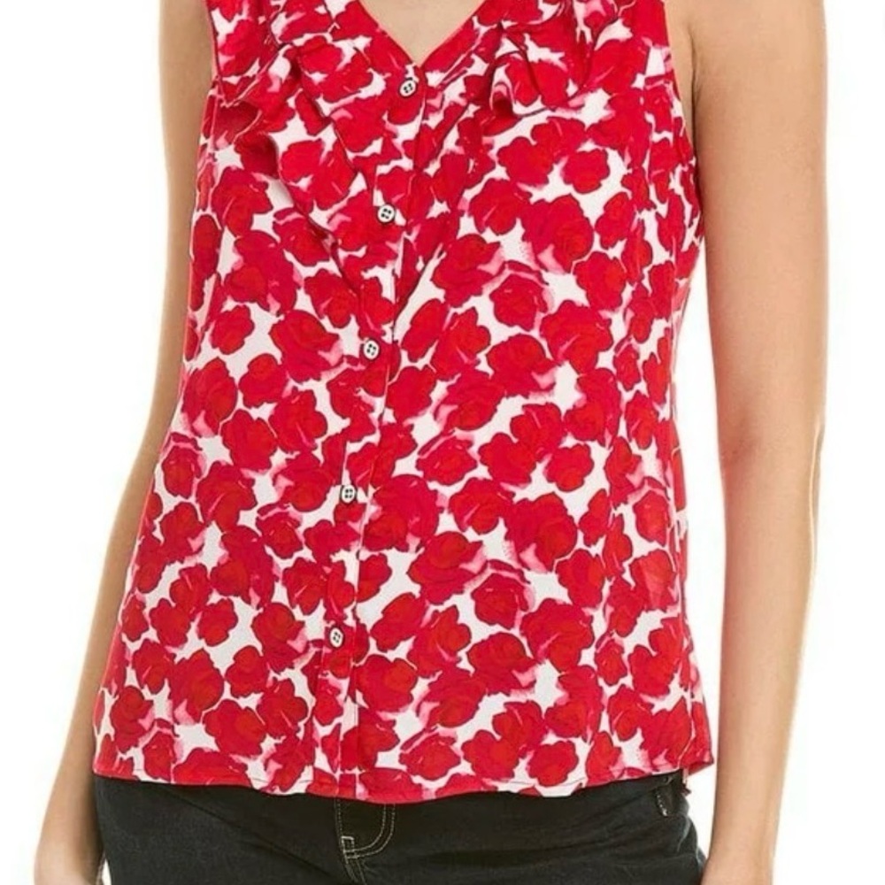 Cabi Rosy Floral Ruffle Sleeveless Top - Berry Red Sz S Poly Chiffon Romantic View 3